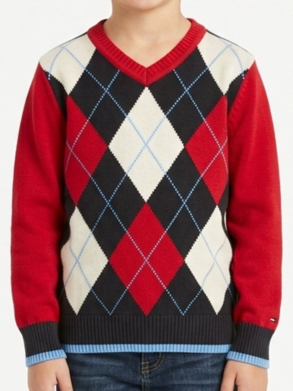 Tommy Hilfiger Boys' Cotton V-neck Classic Navy/Red Argyle Sweater size M (8-10)